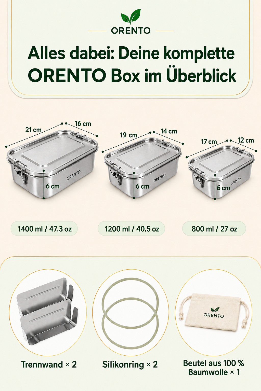 Orento Edelstahl-Lunchbox 1400 ml