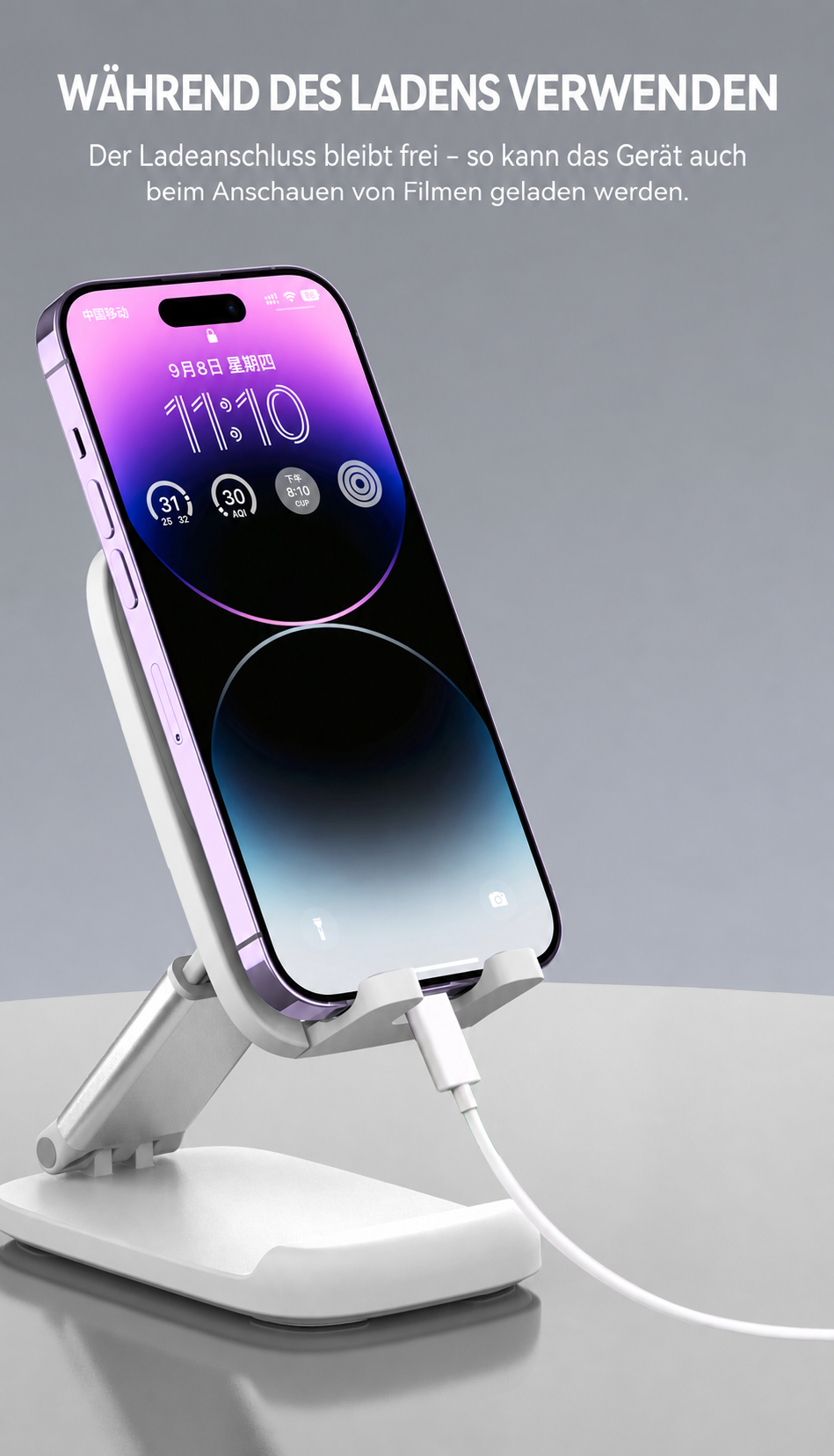 Weißer Smartphone- und Tabletständer – während des Ladens verwendbar